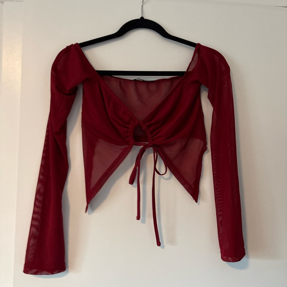 SHEIN Red Mesh Long Sleeve Tie-Front Crop Top